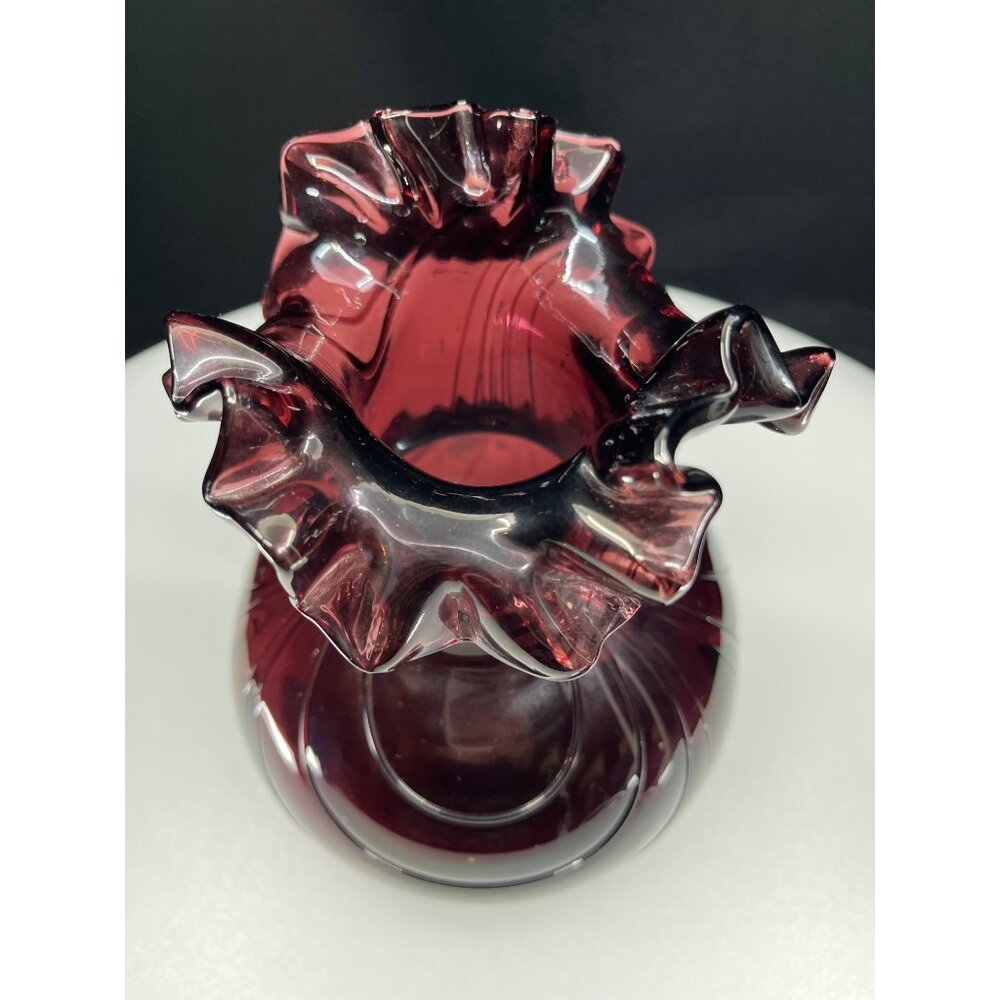 Dark Amethyst Fenton 8” Tall Art Glass Vase Etched Contour Rings Ruffle Edge